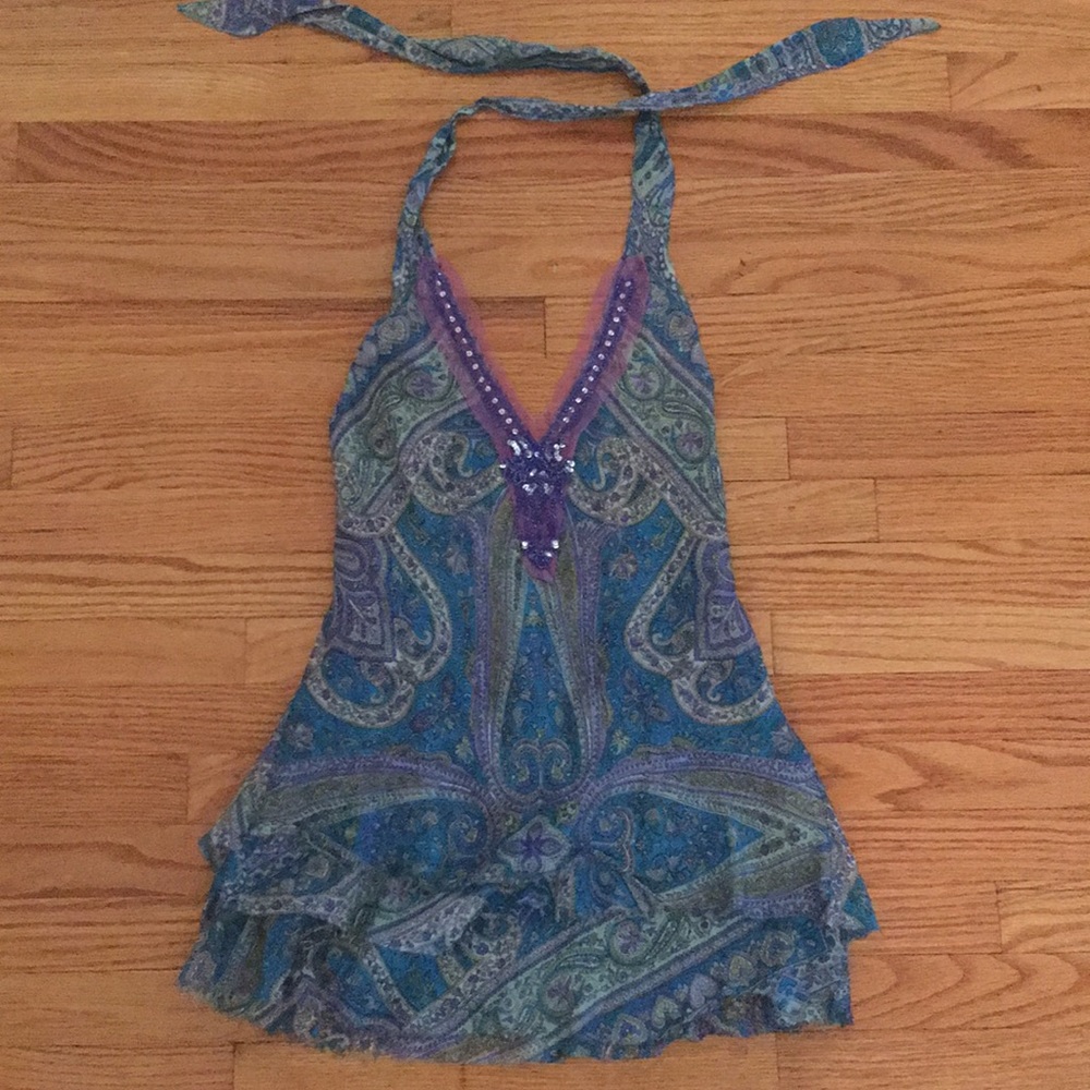 Beautiful Teal Silk Patterned Halter Top w Beading